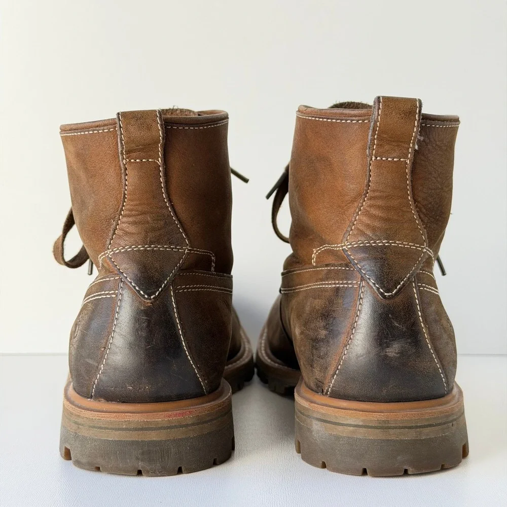 John Varvatos Work Boots Mens 9 Brown Leather Lug Sole Burnished Moc Toe
